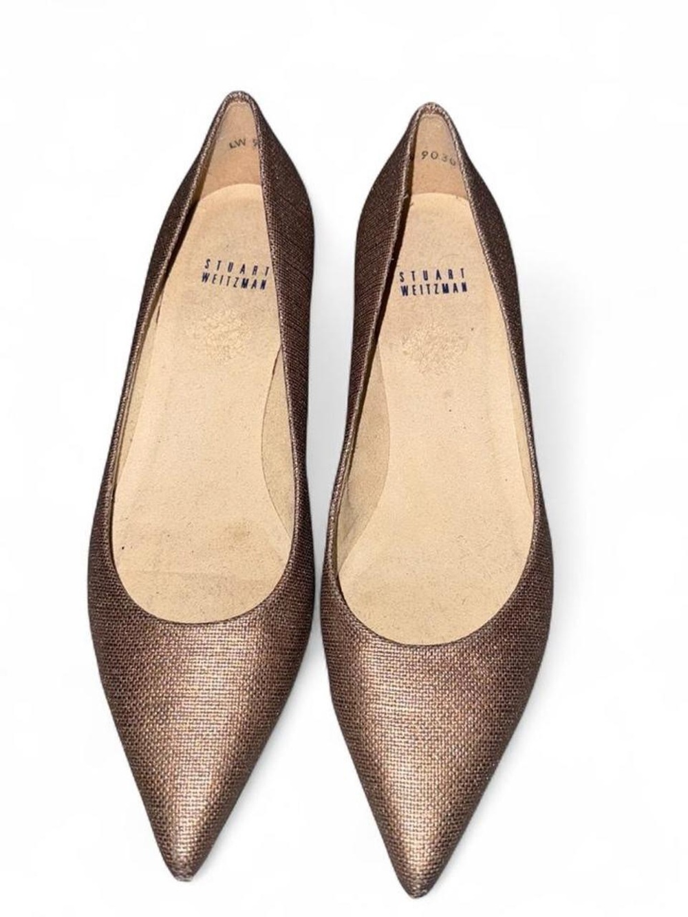Stuart Weitzman Pointed Toe Metallic Bronze Kitten Heel